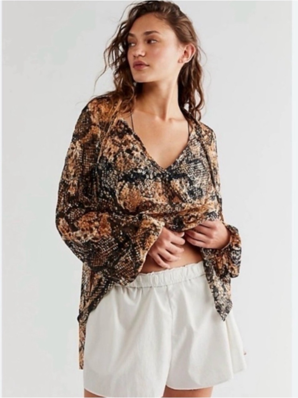 🐍 Free People Sheer Lace Snake Print Oversized Boho Layering Stretch Blouse Sz S
